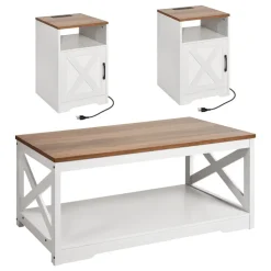 VEVOR 3 Pieces Farmhouse Coffee Table Sets, 40 in Industrial Coffee Table with 2 End Side Tables, Easy Assembly Coffee and End Tables Sets with Charging Station, for Office, Living Room & Apartment