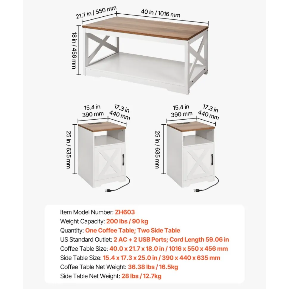 VEVOR 3 Pieces Farmhouse Coffee Table Sets, 40 in Industrial Coffee Table with 2 End Side Tables, Easy Assembly Coffee and End Tables Sets with Charging Station, for Office, Living Room & Apartment