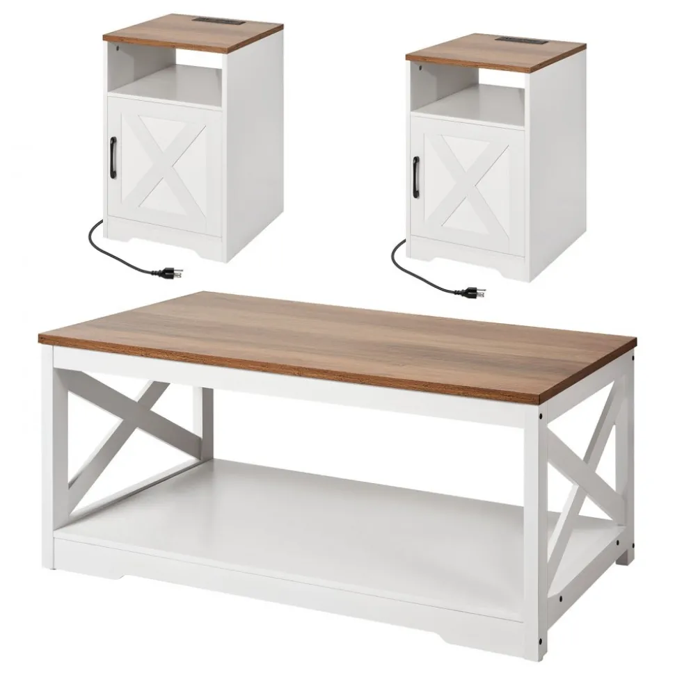 VEVOR 3 Pieces Farmhouse Coffee Table Sets, 40 in Industrial Coffee Table with 2 End Side Tables, Easy Assembly Coffee and End Tables Sets with Charging Station, for Office, Living Room & Apartment