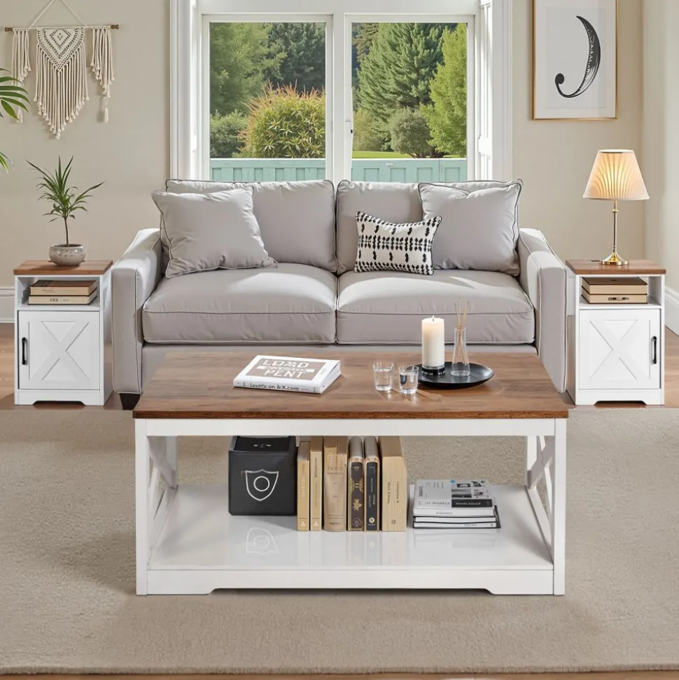 VEVOR 3 Pieces Farmhouse Coffee Table Sets, 40 in Industrial Coffee Table with 2 End Side Tables, Easy Assembly Coffee and End Tables Sets with Charging Station, for Office, Living Room & Apartment