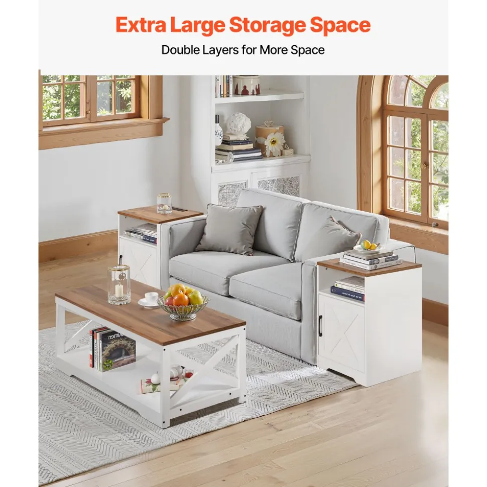 VEVOR 3 Pieces Farmhouse Coffee Table Sets, 40 in Industrial Coffee Table with 2 End Side Tables, Easy Assembly Coffee and End Tables Sets with Charging Station, for Office, Living Room & Apartment