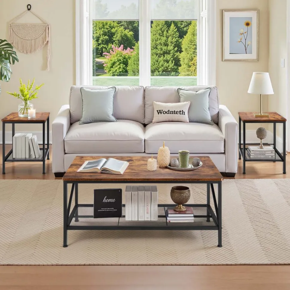 VEVOR 3 Pieces Living Room Table Sets, 41.3 in Industrial Coffee Table with 2 Square End Side Tables, Easy Assembly Coffee and End Tables Sets with Metal Legs, for Office, Living Room & Apartment