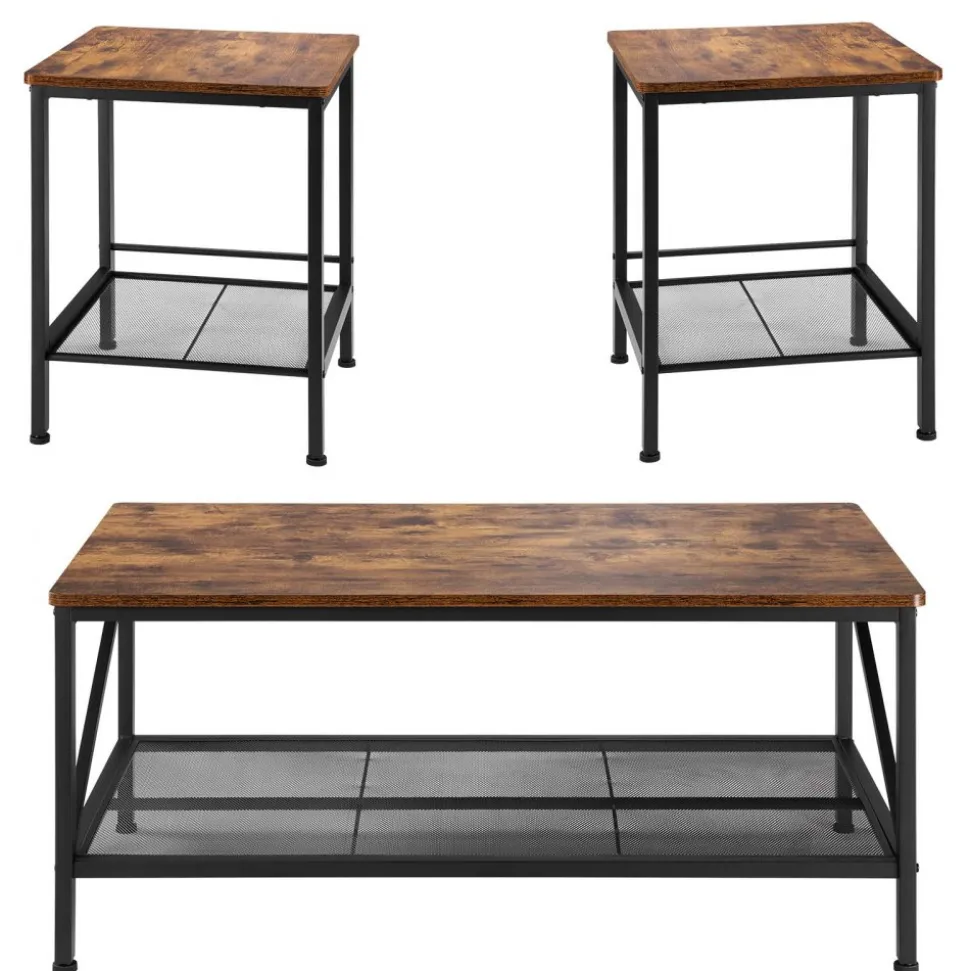 VEVOR 3 Pieces Living Room Table Sets, 41.3 in Industrial Coffee Table with 2 Square End Side Tables, Easy Assembly Coffee and End Tables Sets with Metal Legs, for Office, Living Room & Apartment