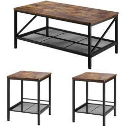 VEVOR 3 Pieces Living Room Table Sets, 41.3 in Industrial Coffee Table with 2 Square End Side Tables, Easy Assembly Coffee and End Tables Sets with Metal Legs, for Office, Living Room & Apartment
