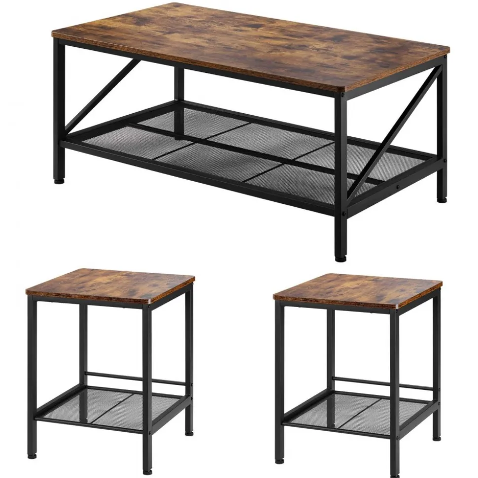 VEVOR 3 Pieces Living Room Table Sets, 41.3 in Industrial Coffee Table with 2 Square End Side Tables, Easy Assembly Coffee and End Tables Sets with Metal Legs, for Office, Living Room & Apartment
