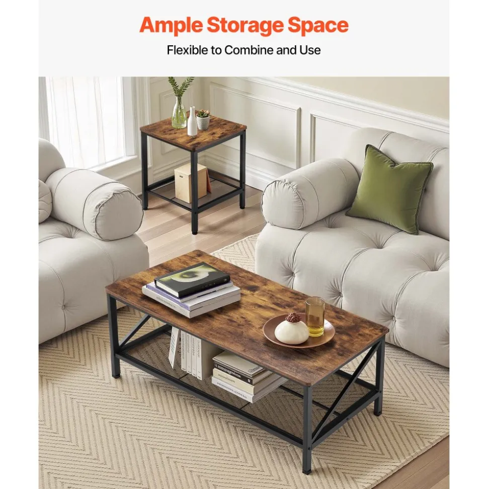 VEVOR 3 Pieces Living Room Table Sets, 41.3 in Industrial Coffee Table with 2 Square End Side Tables, Easy Assembly Coffee and End Tables Sets with Metal Legs, for Office, Living Room & Apartment