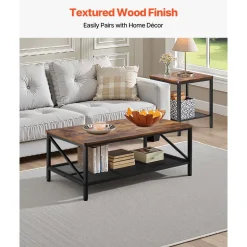 VEVOR 3 Pieces Living Room Table Sets, 41.3 in Industrial Coffee Table with 2 Square End Side Tables, Easy Assembly Coffee and End Tables Sets with Metal Legs, for Office, Living Room & Apartment
