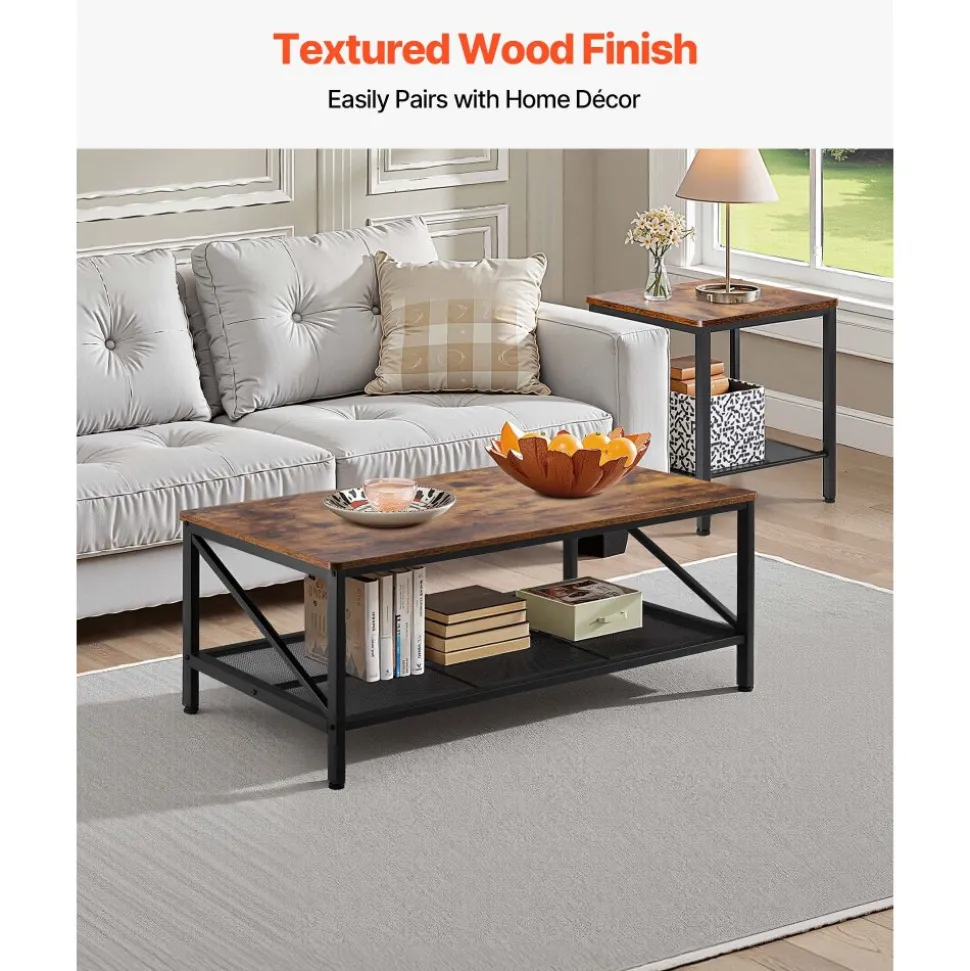 VEVOR 3 Pieces Living Room Table Sets, 41.3 in Industrial Coffee Table with 2 Square End Side Tables, Easy Assembly Coffee and End Tables Sets with Metal Legs, for Office, Living Room & Apartment