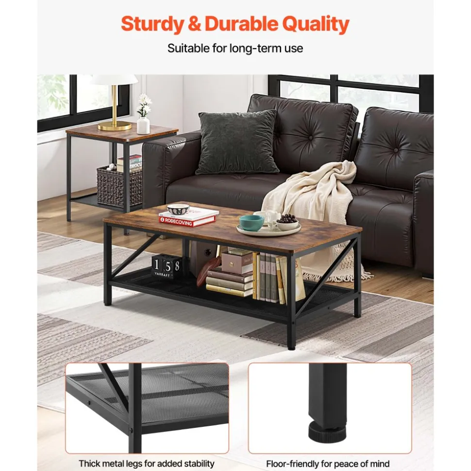 VEVOR 3 Pieces Living Room Table Sets, 41.3 in Industrial Coffee Table with 2 Square End Side Tables, Easy Assembly Coffee and End Tables Sets with Metal Legs, for Office, Living Room & Apartment