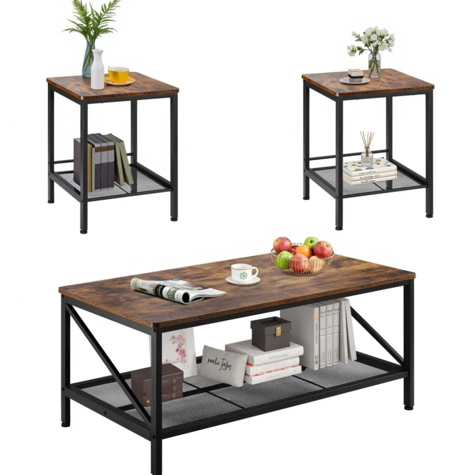 VEVOR 3 Pieces Living Room Table Sets, 41.3 in Industrial Coffee Table with 2 Square End Side Tables, Easy Assembly Coffee and End Tables Sets with Metal Legs, for Office, Living Room & Apartment