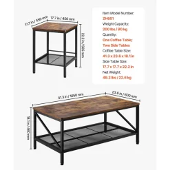 VEVOR 3 Pieces Living Room Table Sets, 41.3 in Industrial Coffee Table with 2 Square End Side Tables, Easy Assembly Coffee and End Tables Sets with Metal Legs, for Office, Living Room & Apartment