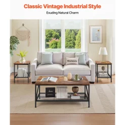 VEVOR 3 Pieces Living Room Table Sets, 41.3 in Industrial Coffee Table with 2 Square End Side Tables, Easy Assembly Coffee and End Tables Sets with Metal Legs, for Office, Living Room & Apartment