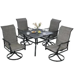 VEVOR 5 Pieces Patio Dining Set, Outdoor Furniture Table and Swivel Chairs Set, All Weather Garden Furniture Table Sets, Iron Patio Conversation Set with Umbrella Hole, For Lawn, Deck, Backyard, Black