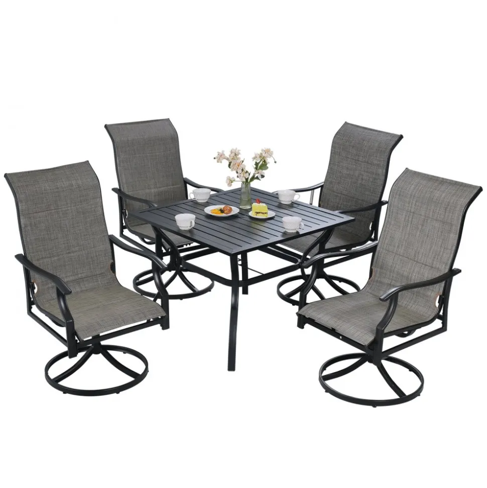 VEVOR 5 Pieces Patio Dining Set, Outdoor Furniture Table and Swivel Chairs Set, All Weather Garden Furniture Table Sets, Iron Patio Conversation Set with Umbrella Hole, For Lawn, Deck, Backyard, Black
