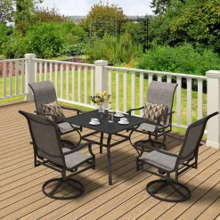 VEVOR 5 Pieces Patio Dining Set, Outdoor Furniture Table and Swivel Chairs Set, All Weather Garden Furniture Table Sets, Iron Patio Conversation Set with Umbrella Hole, For Lawn, Deck, Backyard, Black