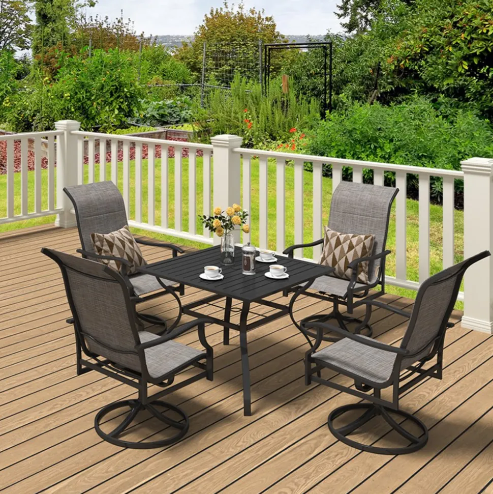 VEVOR 5 Pieces Patio Dining Set, Outdoor Furniture Table and Swivel Chairs Set, All Weather Garden Furniture Table Sets, Iron Patio Conversation Set with Umbrella Hole, For Lawn, Deck, Backyard, Black