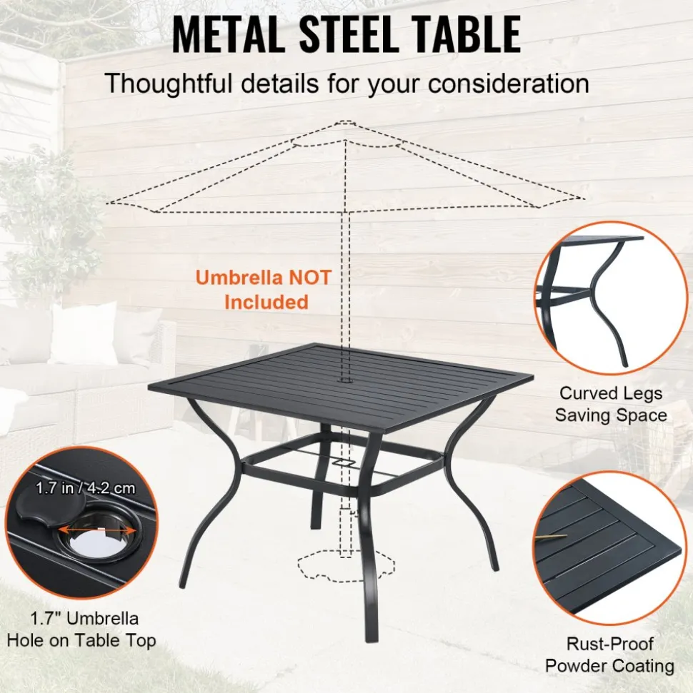 VEVOR 5 Pieces Patio Dining Set, Outdoor Furniture Table and Swivel Chairs Set, All Weather Garden Furniture Table Sets, Iron Patio Conversation Set with Umbrella Hole, For Lawn, Deck, Backyard, Black
