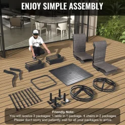 VEVOR 5 Pieces Patio Dining Set, Outdoor Furniture Table and Swivel Chairs Set, All Weather Garden Furniture Table Sets, Iron Patio Conversation Set with Umbrella Hole, For Lawn, Deck, Backyard, Black