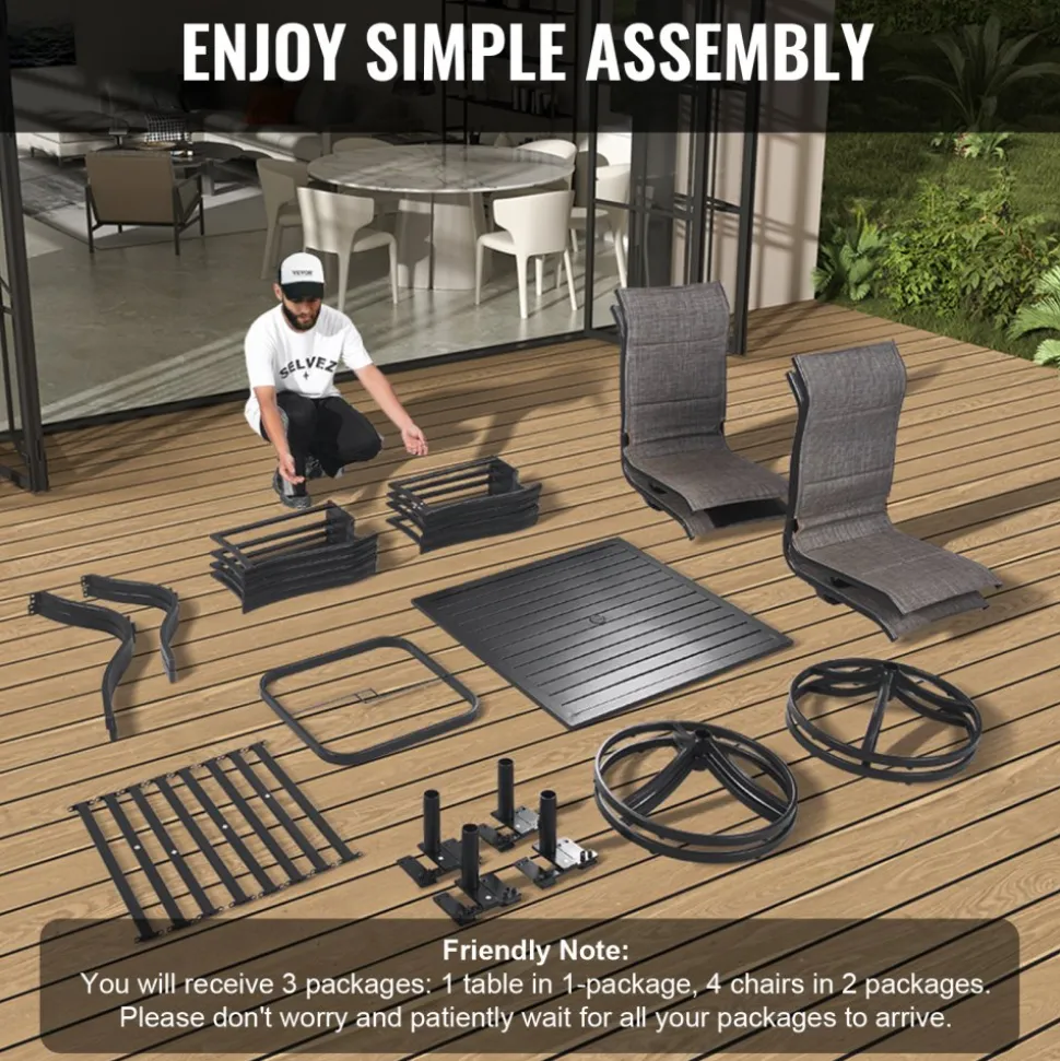 VEVOR 5 Pieces Patio Dining Set, Outdoor Furniture Table and Swivel Chairs Set, All Weather Garden Furniture Table Sets, Iron Patio Conversation Set with Umbrella Hole, For Lawn, Deck, Backyard, Black