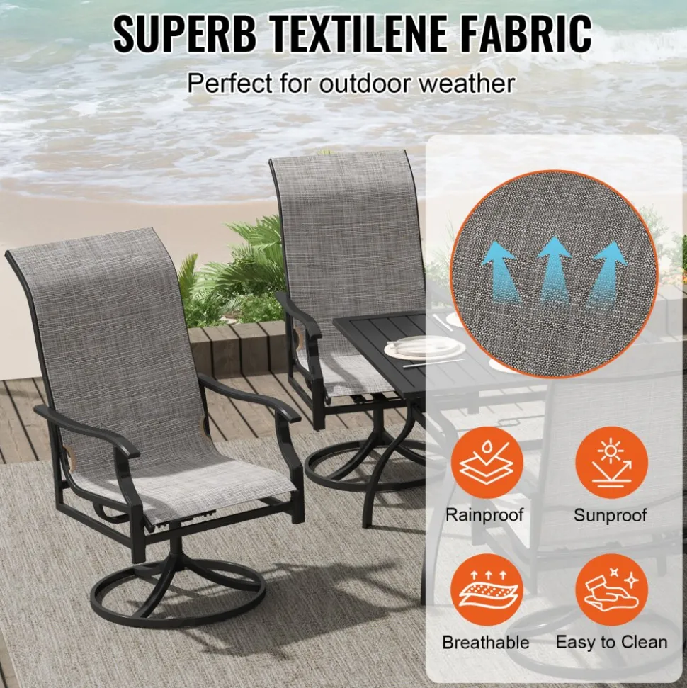 VEVOR 5 Pieces Patio Dining Set, Outdoor Furniture Table and Swivel Chairs Set, All Weather Garden Furniture Table Sets, Iron Patio Conversation Set with Umbrella Hole, For Lawn, Deck, Backyard, Black