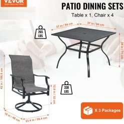 VEVOR 5 Pieces Patio Dining Set, Outdoor Furniture Table and Swivel Chairs Set, All Weather Garden Furniture Table Sets, Iron Patio Conversation Set with Umbrella Hole, For Lawn, Deck, Backyard, Black