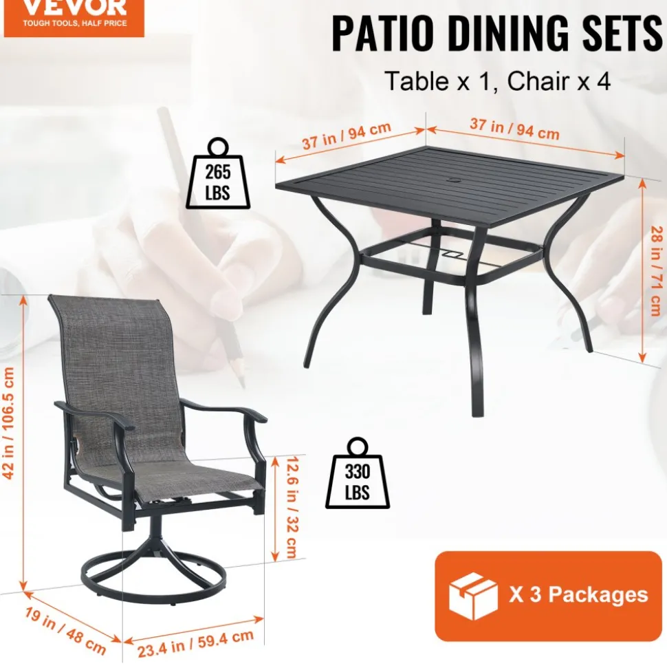 VEVOR 5 Pieces Patio Dining Set, Outdoor Furniture Table and Swivel Chairs Set, All Weather Garden Furniture Table Sets, Iron Patio Conversation Set with Umbrella Hole, For Lawn, Deck, Backyard, Black