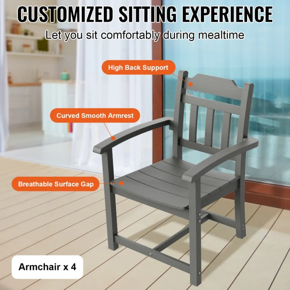 VEVOR 5 Pieces Patio Dining Set, Outdoor Square Furniture Table and Chairs, All Weather Garden Furniture Table Sets, HIPS Small Patio Conversation Set, For Lawn, Deck, Backyard, Poolside, Light Gray