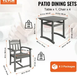 VEVOR 5 Pieces Patio Dining Set, Outdoor Square Furniture Table and Chairs, All Weather Garden Furniture Table Sets, HIPS Small Patio Conversation Set, For Lawn, Deck, Backyard, Poolside, Light Gray