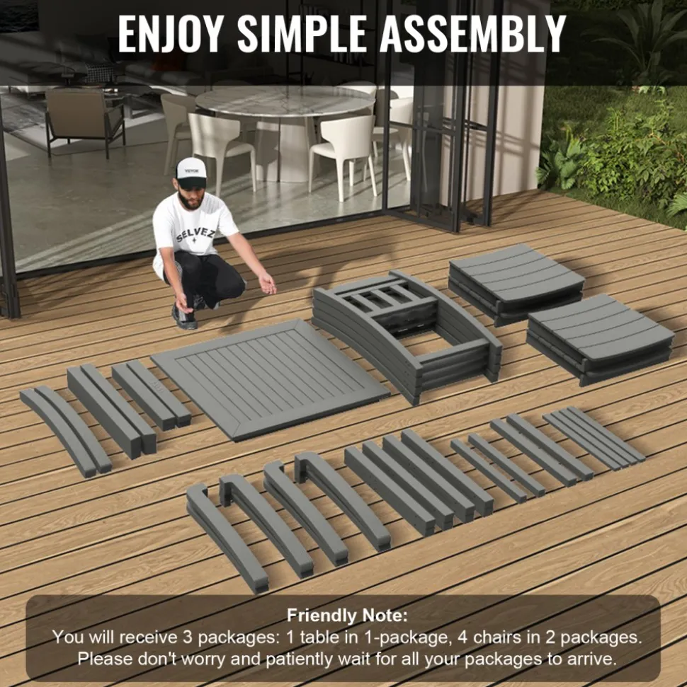 VEVOR 5 Pieces Patio Dining Set, Outdoor Square Furniture Table and Chairs, All Weather Garden Furniture Table Sets, HIPS Small Patio Conversation Set, For Lawn, Deck, Backyard, Poolside, Light Gray