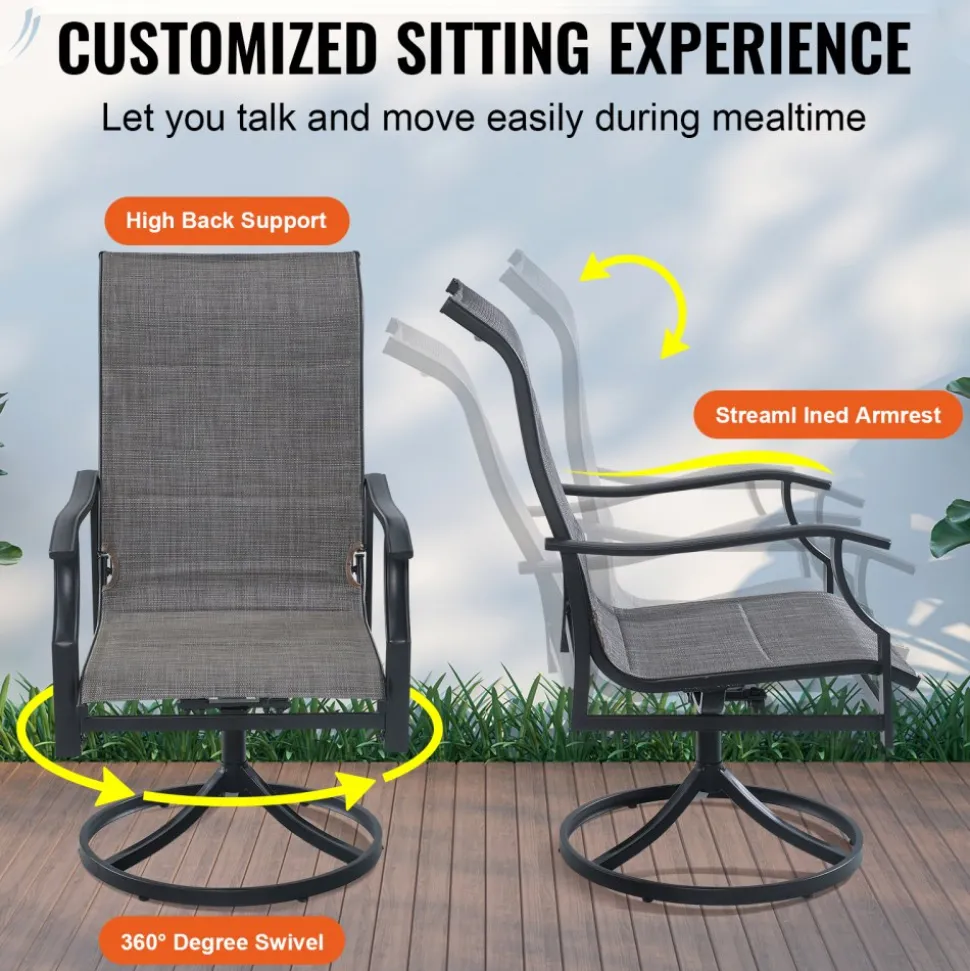 VEVOR 7 Pieces Patio Dining Set, Outdoor Furniture Table and Swivel Chairs Set, All Weather Garden Furniture Table Sets, Iron Patio Conversation Set with Umbrella Hole, For Lawn, Deck, Backyard, Black