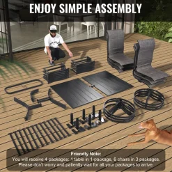 VEVOR 7 Pieces Patio Dining Set, Outdoor Furniture Table and Swivel Chairs Set, All Weather Garden Furniture Table Sets, Iron Patio Conversation Set with Umbrella Hole, For Lawn, Deck, Backyard, Black