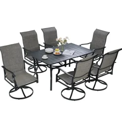 VEVOR 7 Pieces Patio Dining Set, Outdoor Furniture Table and Swivel Chairs Set, All Weather Garden Furniture Table Sets, Iron Patio Conversation Set with Umbrella Hole, For Lawn, Deck, Backyard, Black