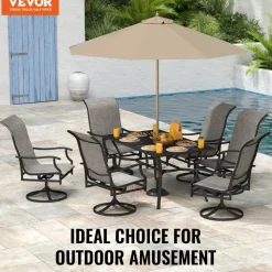 VEVOR 7 Pieces Patio Dining Set, Outdoor Furniture Table and Swivel Chairs Set, All Weather Garden Furniture Table Sets, Iron Patio Conversation Set with Umbrella Hole, For Lawn, Deck, Backyard, Black