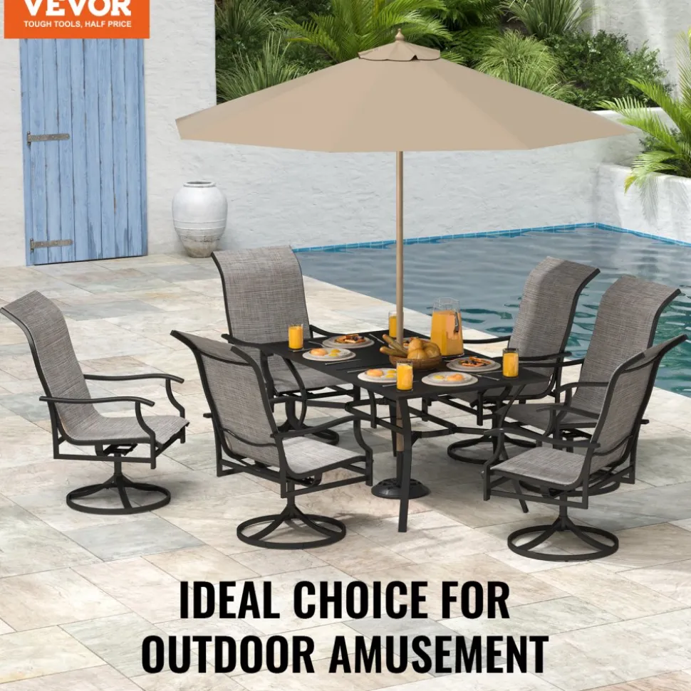 VEVOR 7 Pieces Patio Dining Set, Outdoor Furniture Table and Swivel Chairs Set, All Weather Garden Furniture Table Sets, Iron Patio Conversation Set with Umbrella Hole, For Lawn, Deck, Backyard, Black