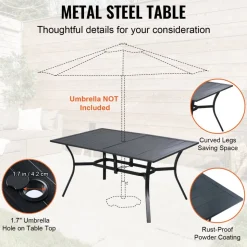 VEVOR 7 Pieces Patio Dining Set, Outdoor Furniture Table and Swivel Chairs Set, All Weather Garden Furniture Table Sets, Iron Patio Conversation Set with Umbrella Hole, For Lawn, Deck, Backyard, Black