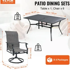 VEVOR 7 Pieces Patio Dining Set, Outdoor Furniture Table and Swivel Chairs Set, All Weather Garden Furniture Table Sets, Iron Patio Conversation Set with Umbrella Hole, For Lawn, Deck, Backyard, Black