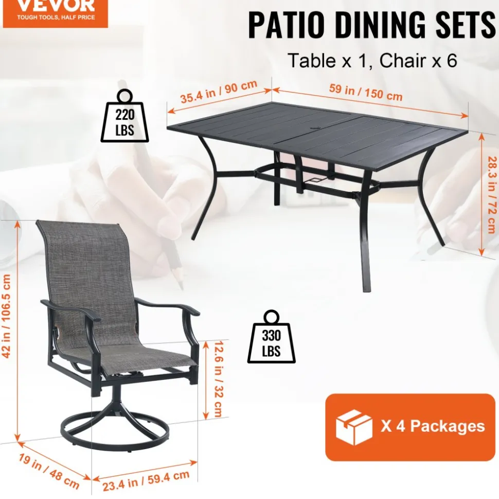 VEVOR 7 Pieces Patio Dining Set, Outdoor Furniture Table and Swivel Chairs Set, All Weather Garden Furniture Table Sets, Iron Patio Conversation Set with Umbrella Hole, For Lawn, Deck, Backyard, Black