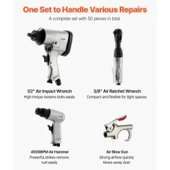 VEVOR 50 Pieces Pro Air Tool and Accessories Kit - 1/2" Air Impact Wrench, 3/8" Ratchet Wrench, 4500BPM Hammer, Blow Gun & Full Accessories for Auto Repairs, Home DIY Projects - with Storage Case