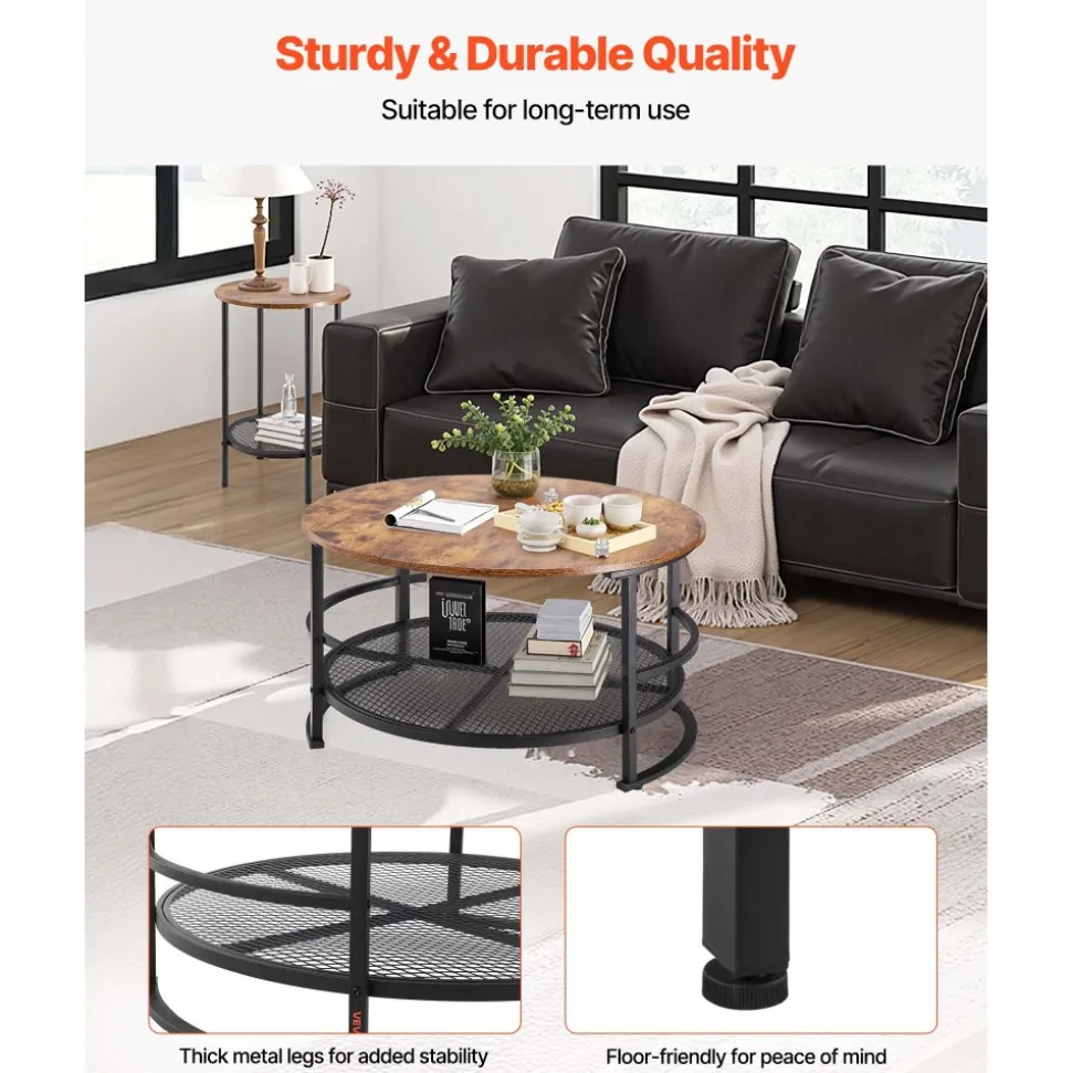 VEVOR 3 Pieces Round Coffee Table Sets, 31.5 in Industrial Living Room Table with 2 End Side Tables, Easy Assembly Coffee and End Tables Sets with Metal Legs, for Office, Living Room and Apartment