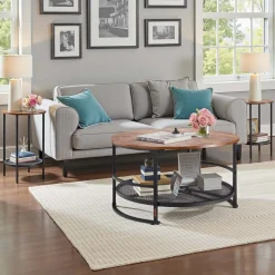 VEVOR 2 Pieces Round Coffee Tables Sets, 31.3 in Industrial Living Room Table with 1 End Side Table, Easy Assembly Coffee and End Tables Sets with Metal Legs, for Office, Living Room and Apartment