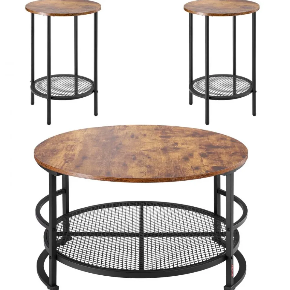 VEVOR 3 Pieces Round Coffee Table Sets, 31.5 in Industrial Living Room Table with 2 End Side Tables, Easy Assembly Coffee and End Tables Sets with Metal Legs, for Office, Living Room and Apartment