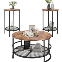 VEVOR 3 Pieces Round Coffee Table Sets, 31.5 in Industrial Living Room Table with 2 End Side Tables, Easy Assembly Coffee and End Tables Sets with Metal Legs, for Office, Living Room and Apartment