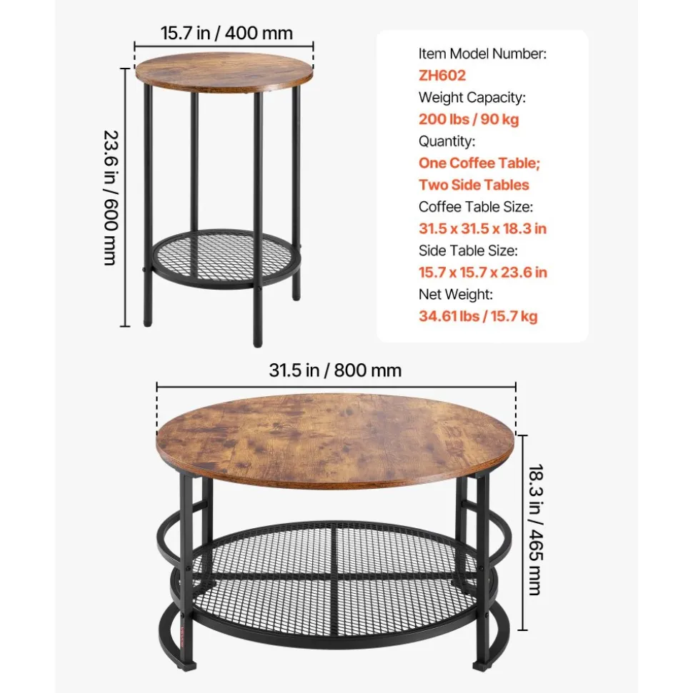 VEVOR 3 Pieces Round Coffee Table Sets, 31.5 in Industrial Living Room Table with 2 End Side Tables, Easy Assembly Coffee and End Tables Sets with Metal Legs, for Office, Living Room and Apartment