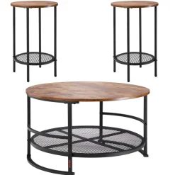 VEVOR 3 Pieces Round Coffee Table Sets, 31.5 in Industrial Living Room Table with 2 End Side Tables, Easy Assembly Coffee and End Tables Sets with Metal Legs, for Office, Living Room and Apartment