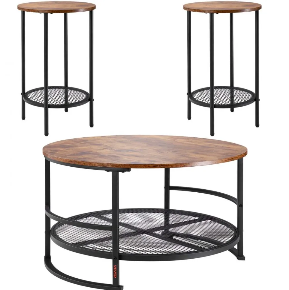 VEVOR 3 Pieces Round Coffee Table Sets, 31.5 in Industrial Living Room Table with 2 End Side Tables, Easy Assembly Coffee and End Tables Sets with Metal Legs, for Office, Living Room and Apartment