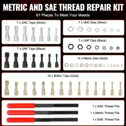 VEVOR 61-Piece Thread Chaser Set, UNC UNF and Metric Thread Restorer Tool, Rethreading Tool Kit with 28 Taps 28 Dies 3 Thread Files Storage Case, Heat Treated Steel, for Mechanics DIY Enthusiasts