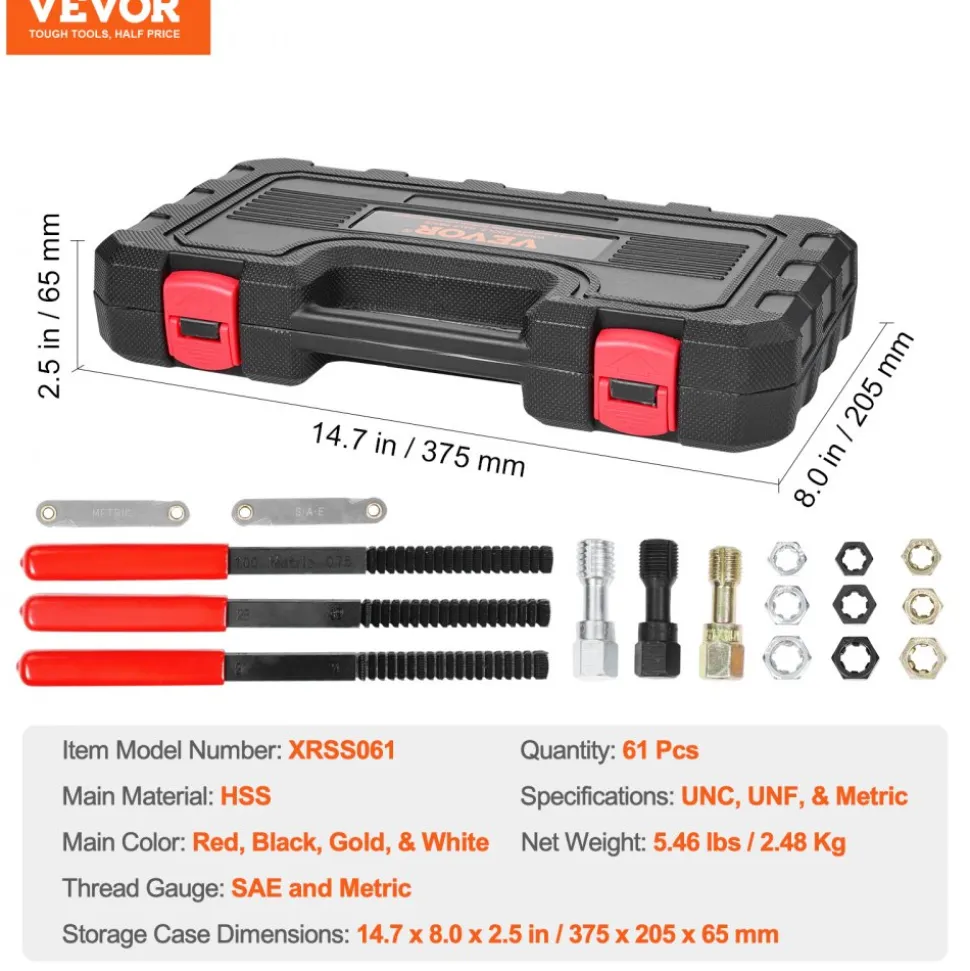 VEVOR 61-Piece Thread Chaser Set, UNC UNF and Metric Thread Restorer Tool, Rethreading Tool Kit with 28 Taps 28 Dies 3 Thread Files Storage Case, Heat Treated Steel, for Mechanics DIY Enthusiasts