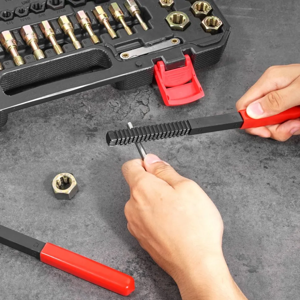 VEVOR 61-Piece Thread Chaser Set, UNC UNF and Metric Thread Restorer Tool, Rethreading Tool Kit with 28 Taps 28 Dies 3 Thread Files Storage Case, Heat Treated Steel, for Mechanics DIY Enthusiasts