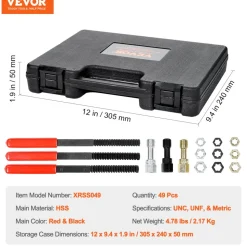 VEVOR 49-Piece Thread Chaser Set, UNC UNF and Metric Thread Restorer Tool, Rethreading Tool Kit with 22 Taps 24 Dies 3 Thread Files Storage Case, Heat Treated Steel, for Mechanics DIY Enthusiasts