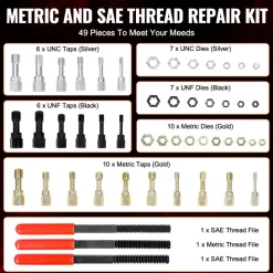 VEVOR 49-Piece Thread Chaser Set, UNC UNF and Metric Thread Restorer Tool, Rethreading Tool Kit with 22 Taps 24 Dies 3 Thread Files Storage Case, Heat Treated Steel, for Mechanics DIY Enthusiasts